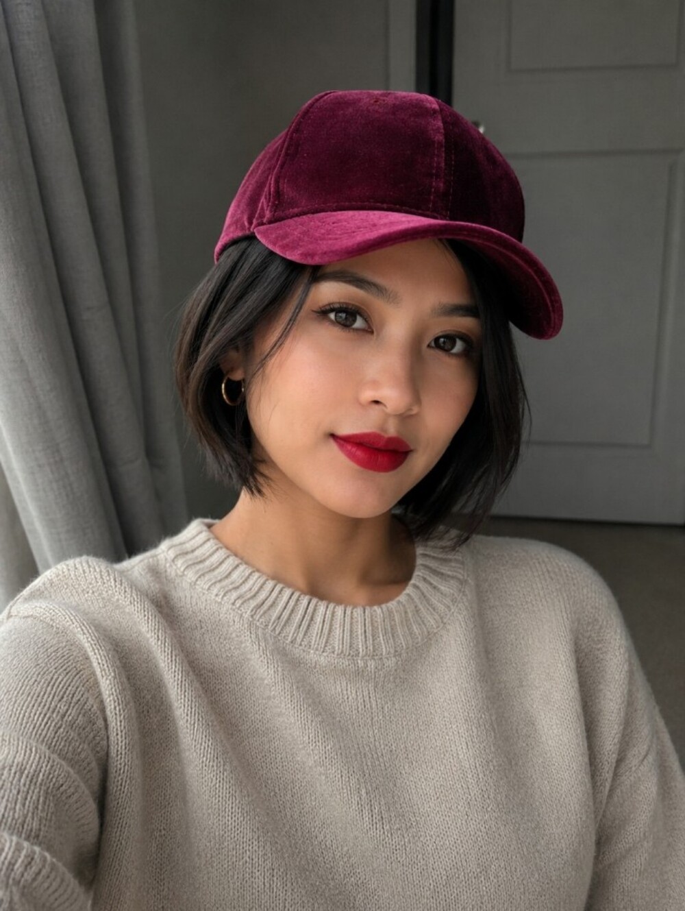 Guess Velvet Baseball Hat in Deep Berry tone OS
